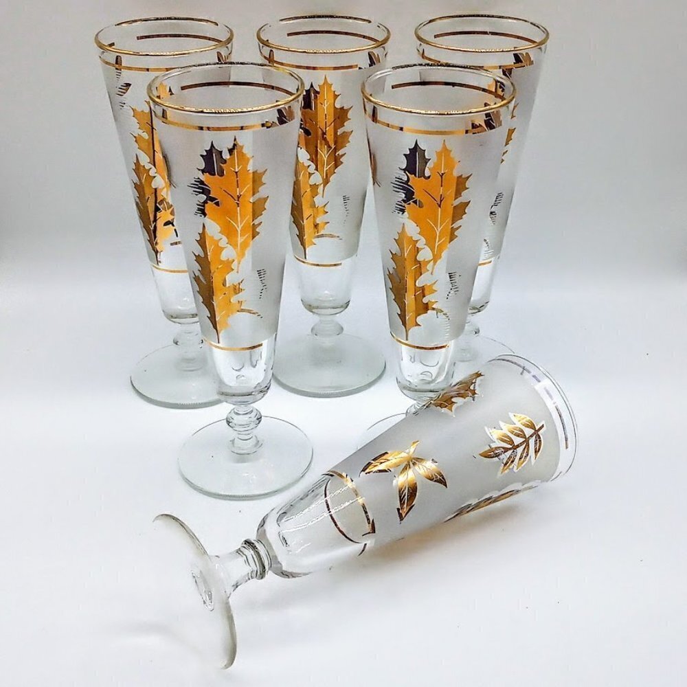 Vintage Frosted Gold Leaf Pilsner Glasses (6)